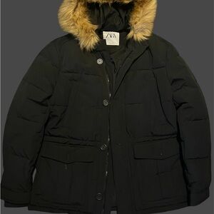 Zara Black Jacket with Tan Faux Fur Trim